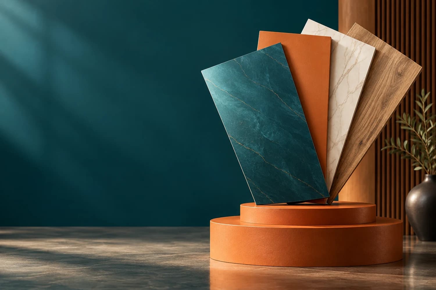 Ambiente ilustrativo com móvel e amostras de laminados decorativos