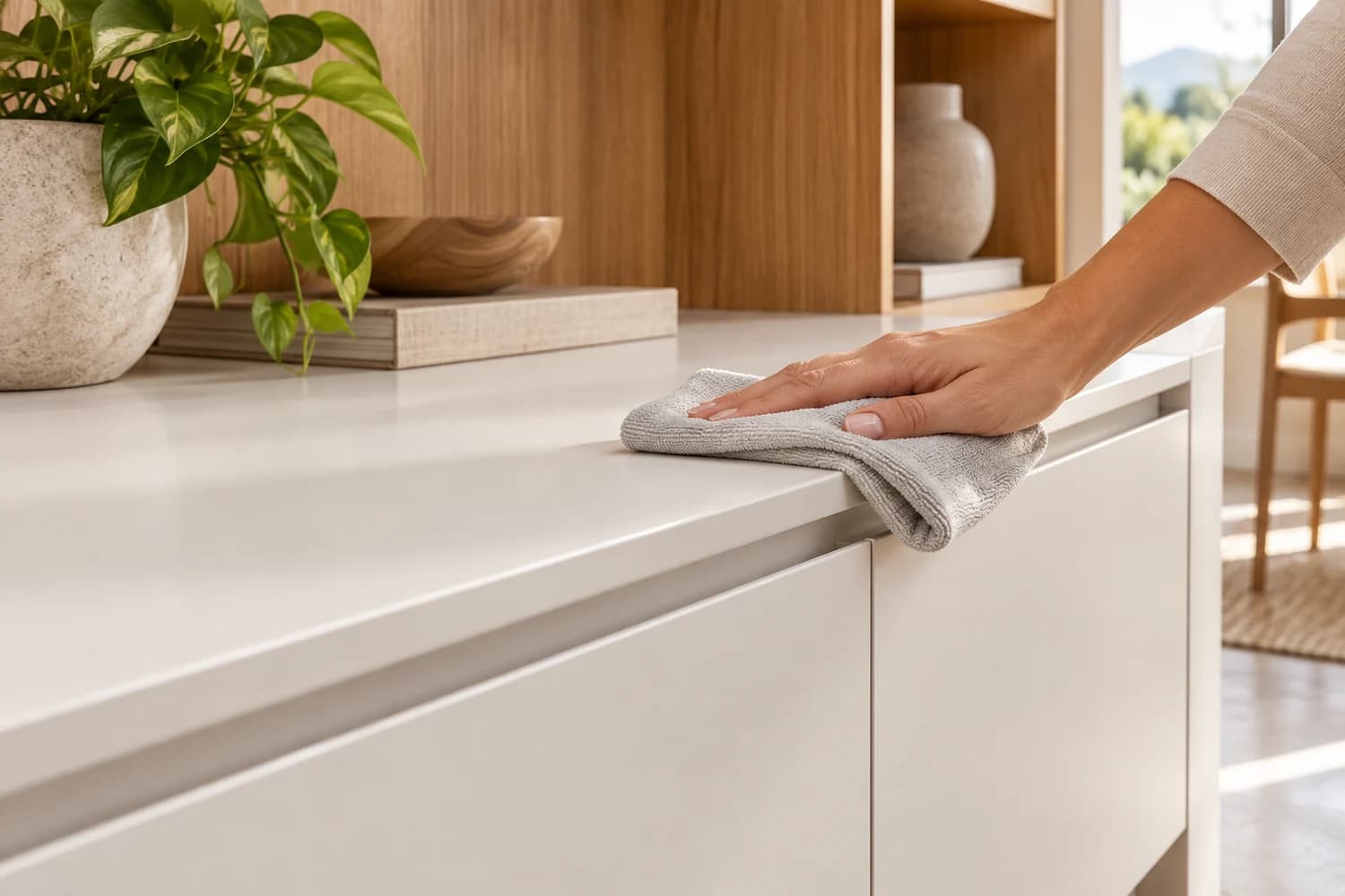 Limpeza de uma superfície de móvel com pano macio
