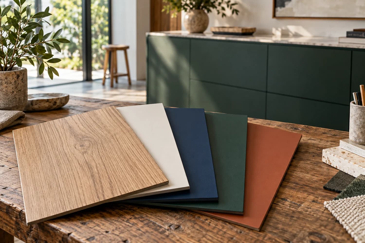 Amostras de laminados decorativos em cores e padrões diferentes