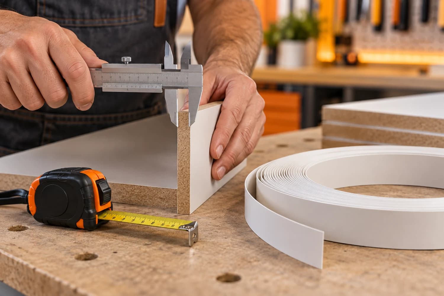 Instrumentos de medição e painel de MDF na bancada