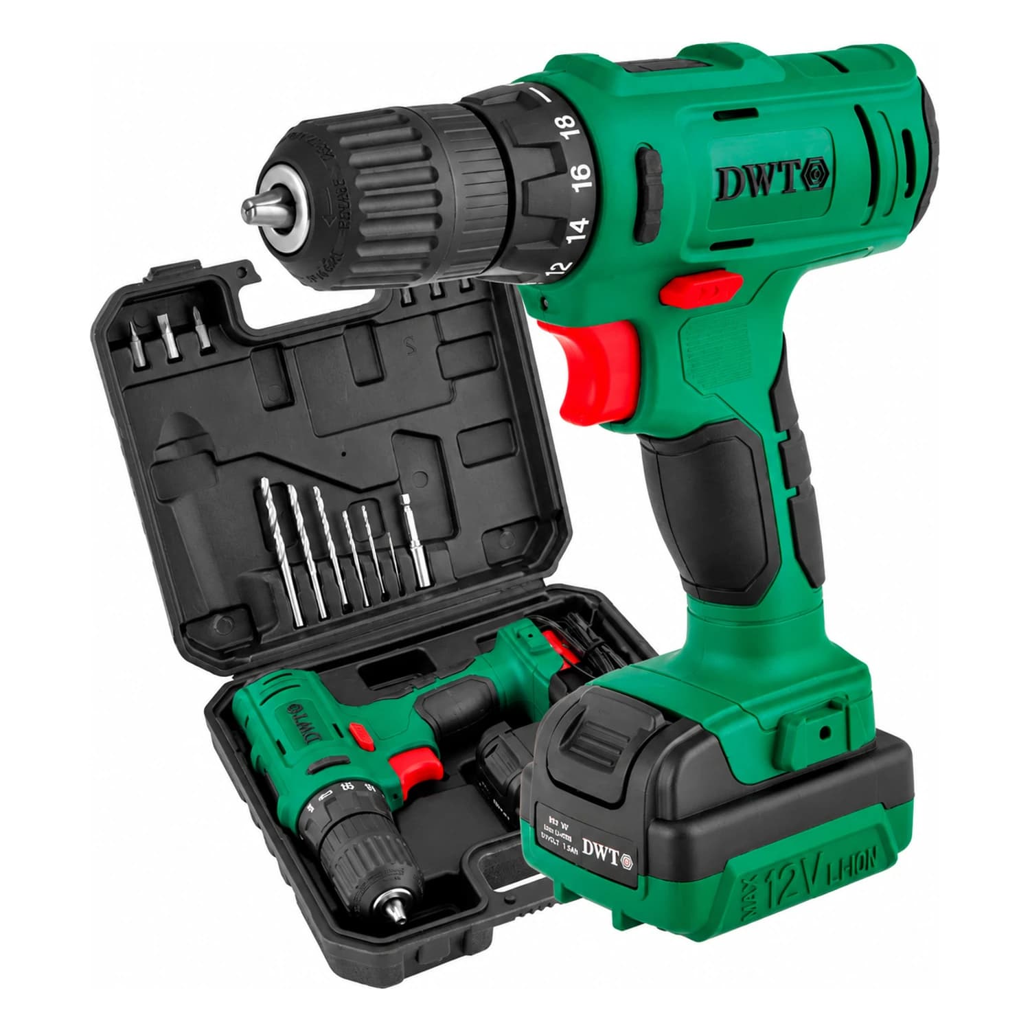Parafusadeira/Furadeira 12V DWT Bivolt Automática Industrial Profissional Regulagem Maleta com Bits e Brocas de Aço
